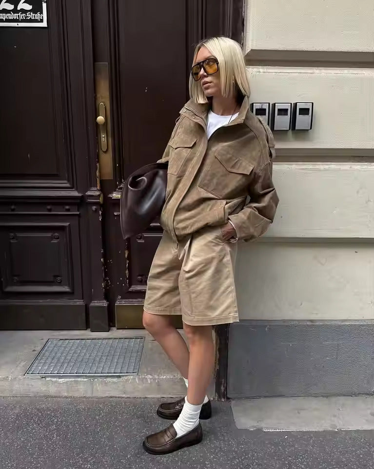 Women's Oversized Faux Suede Utility Jacket in Beige