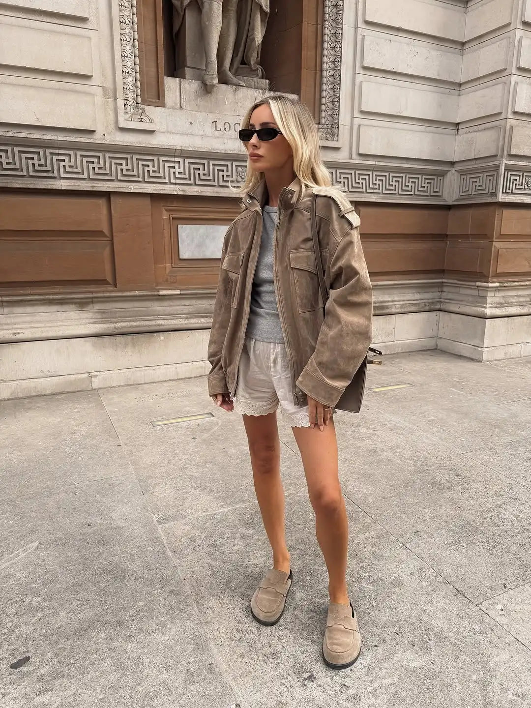 Women's Oversized Faux Suede Utility Jacket in Beige