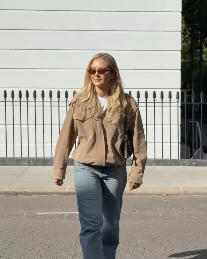 Women's Oversized Faux Suede Utility Jacket in Beige