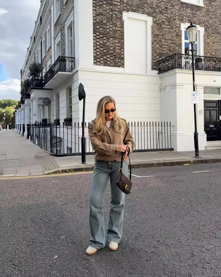 Women's Oversized Faux Suede Utility Jacket in Beige