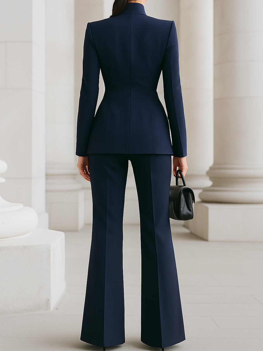 Women's Stand Collar Blazer and Wide-Leg Trousers Suit Set