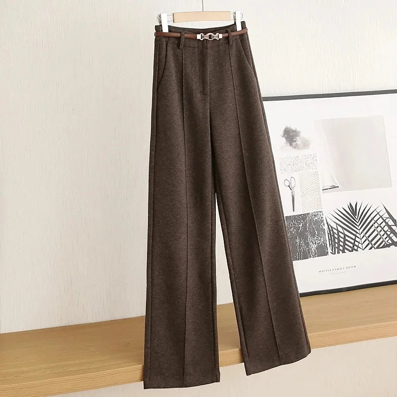 Women's Belted Herringbone Wool-Look Straight-Leg Trousers