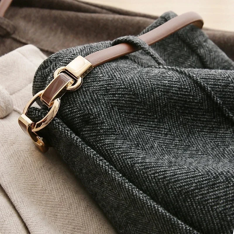 Women's Belted Herringbone Wool-Look Straight-Leg Trousers