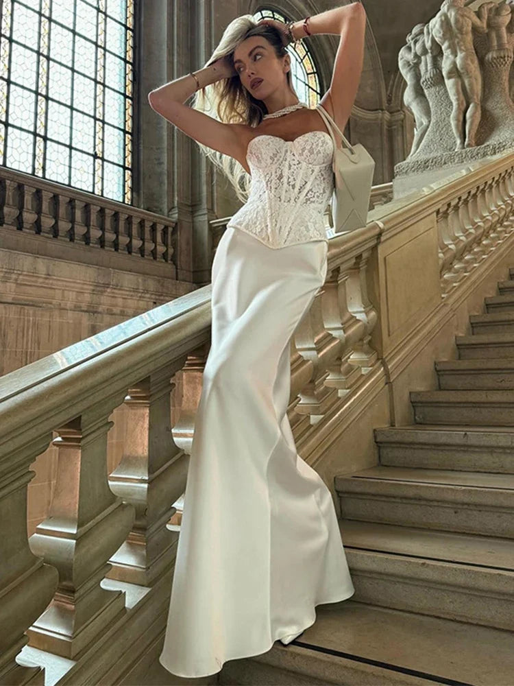 Women's Strapless Lace Corset Top and Maxi Skirt Set in White