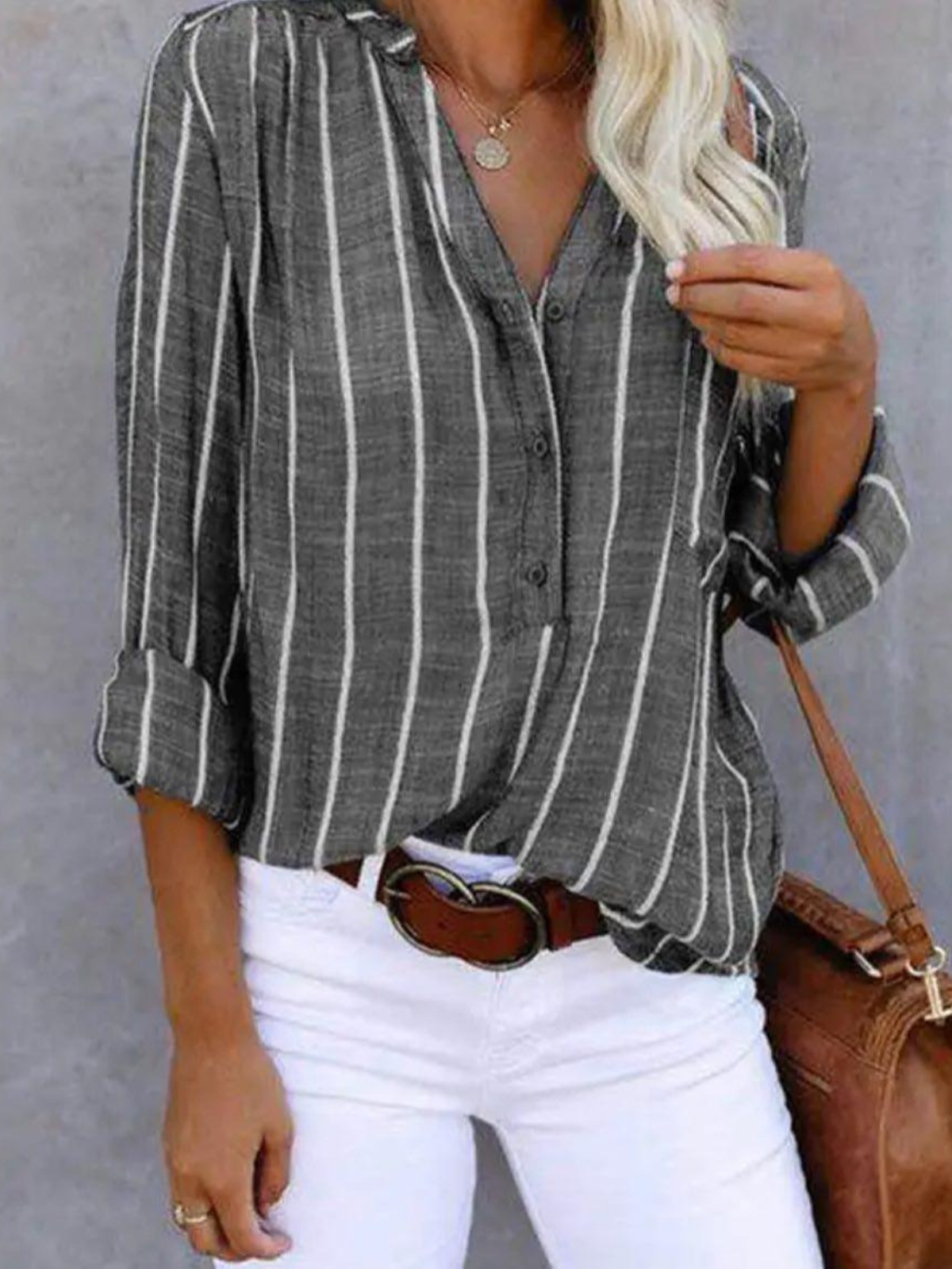 Women's Vertical Stripe Button-Front Blouse