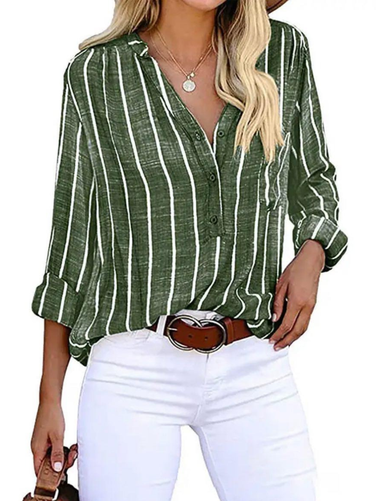 Women's Vertical Stripe Button-Front Blouse