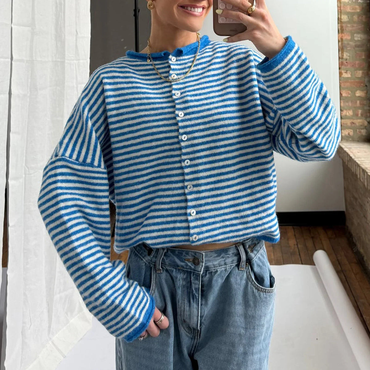 Women's Striped Button-Front Knit Cardigan