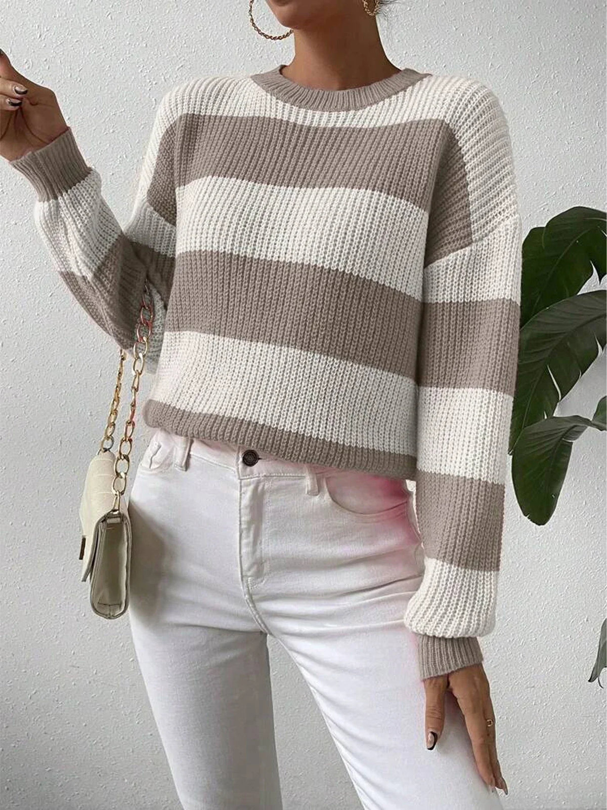Women's Striped Crew Neck Knit Jumper in Beige and White