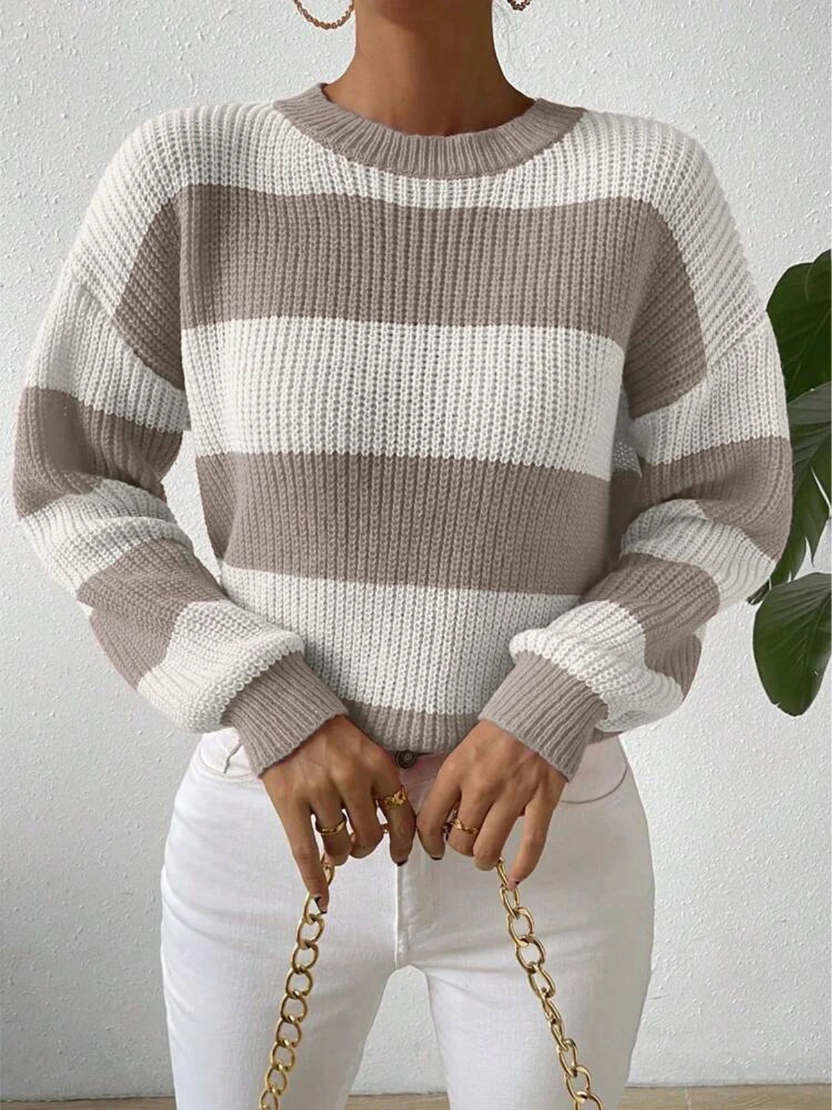 Women's Striped Crew Neck Knit Jumper in Beige and White