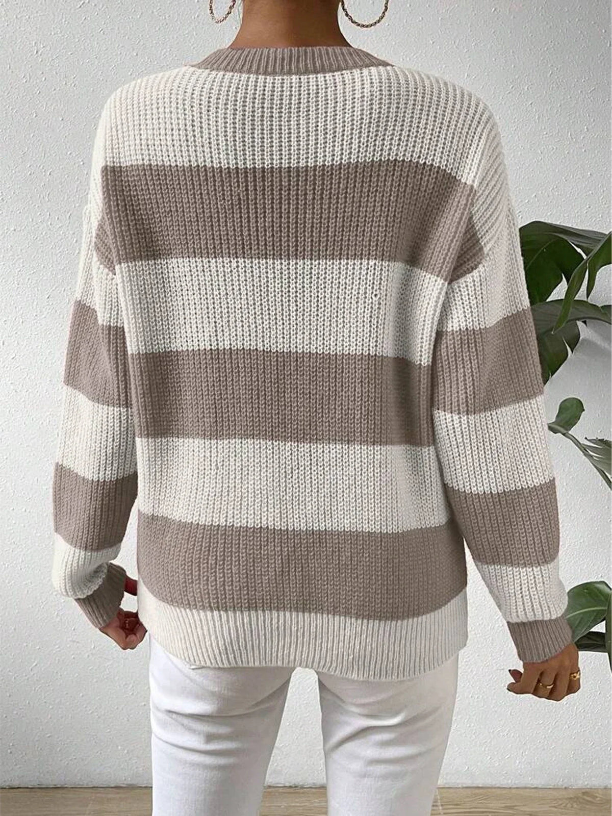 Women's Striped Crew Neck Knit Jumper in Beige and White