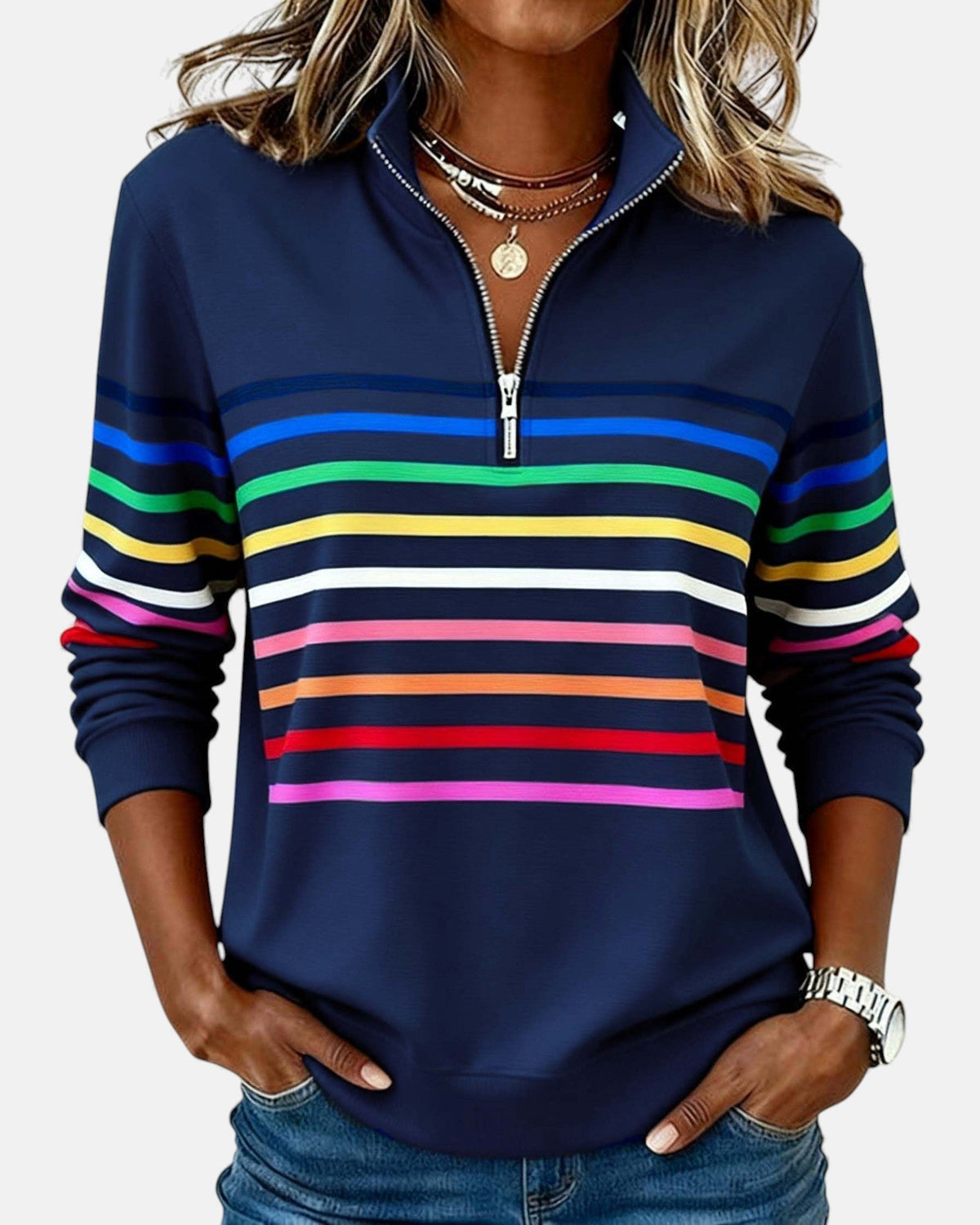 Women's Rainbow Stripe Quarter-Zip Sweatshirt