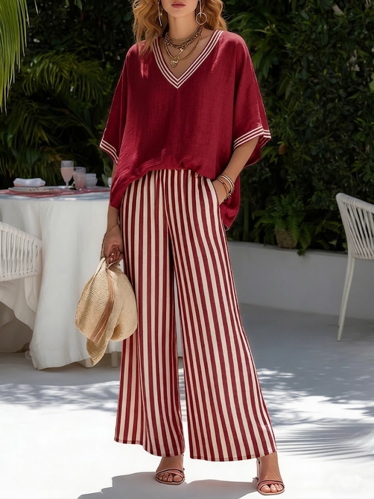 Women's Striped V-Neck Top & Wide-Leg Trouser Set
