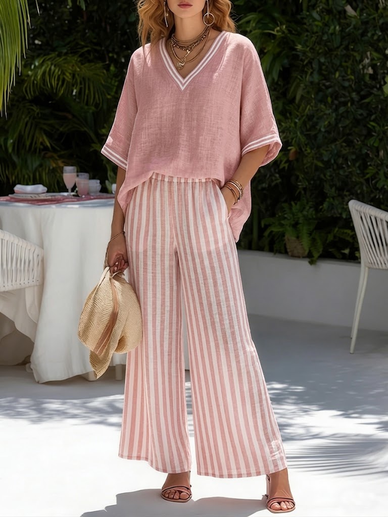 Women's Striped V-Neck Top & Wide-Leg Trouser Set