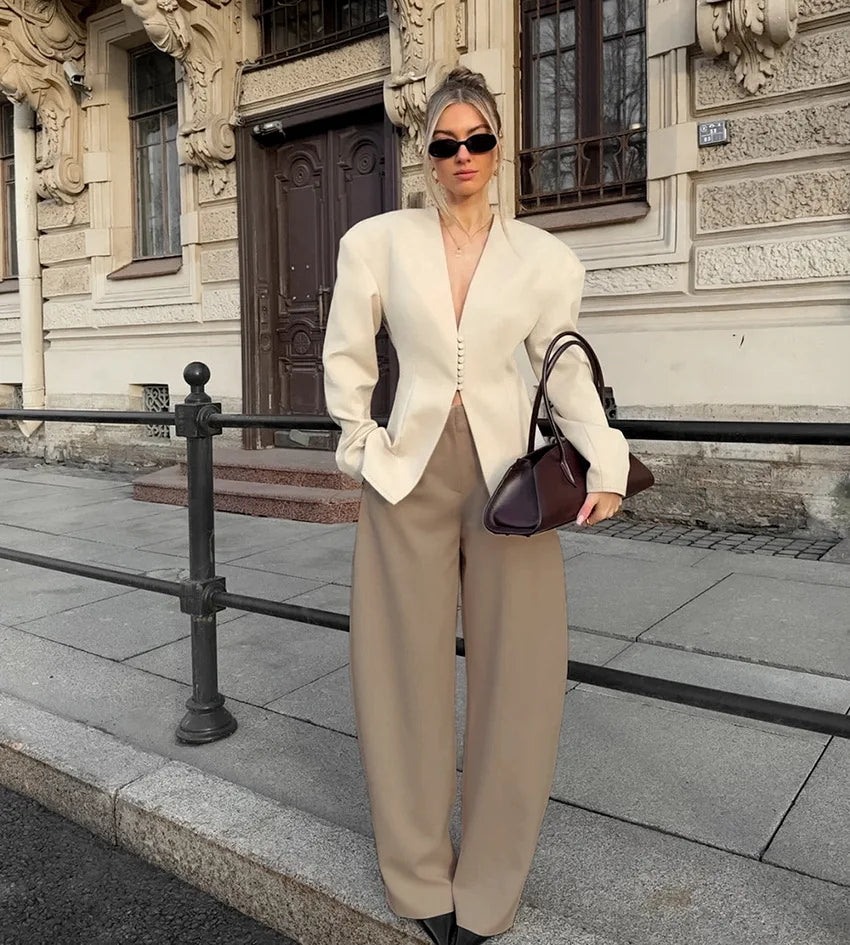 Women's Structured V-Neck Blazer in Beige