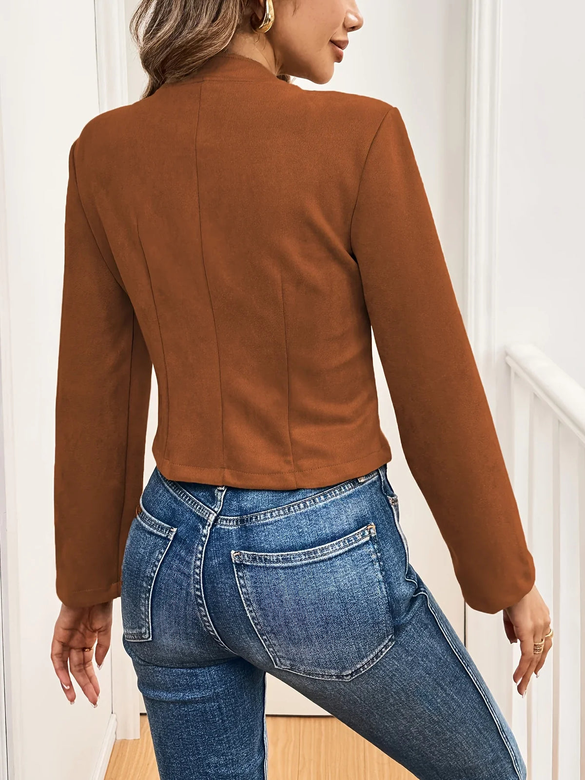 Women's Collarless Cropped Blazer with Gold Buttons in Brown