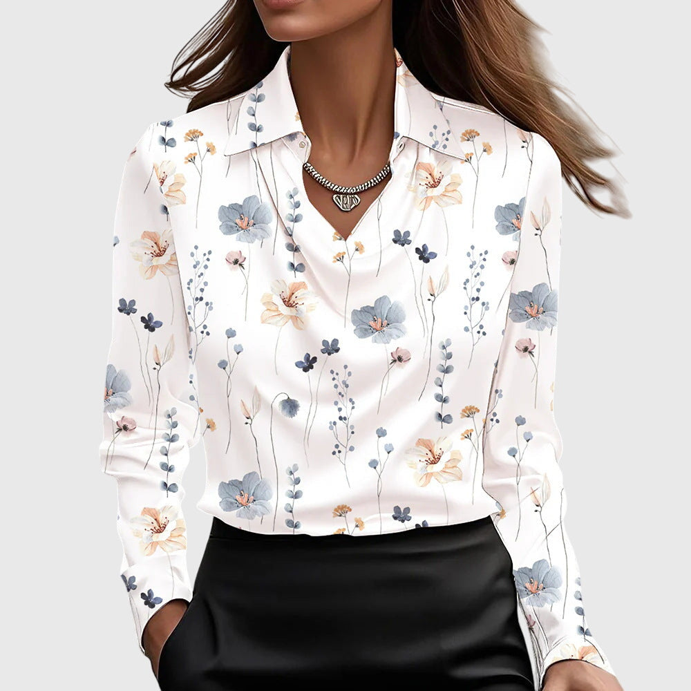 Women's Cowl Neck Collared Long Sleeve Blouse