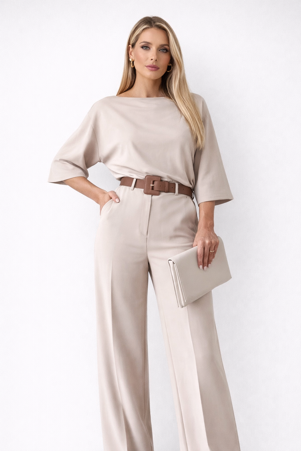 Women's Short Sleeve Top & Wide-Leg Trouser Set in Beige