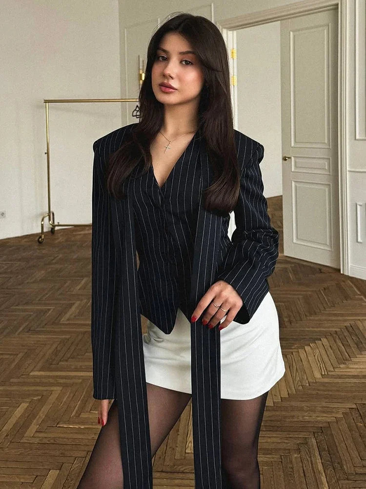 Women's V-Neck Blazer with Attached Scarf