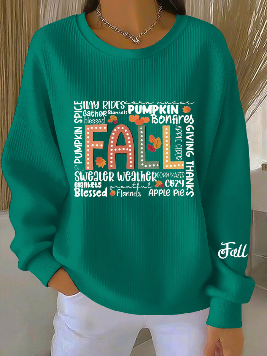 Women's Fall Slogan Crew Neck Sweatshirt in Blue Green