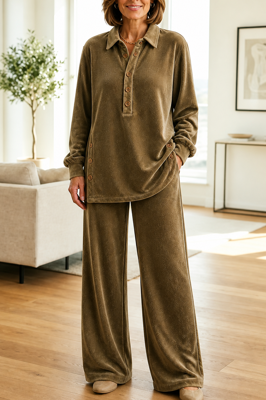 Women's Textured Button-Up Shirt & Wide-Leg Trouser Set