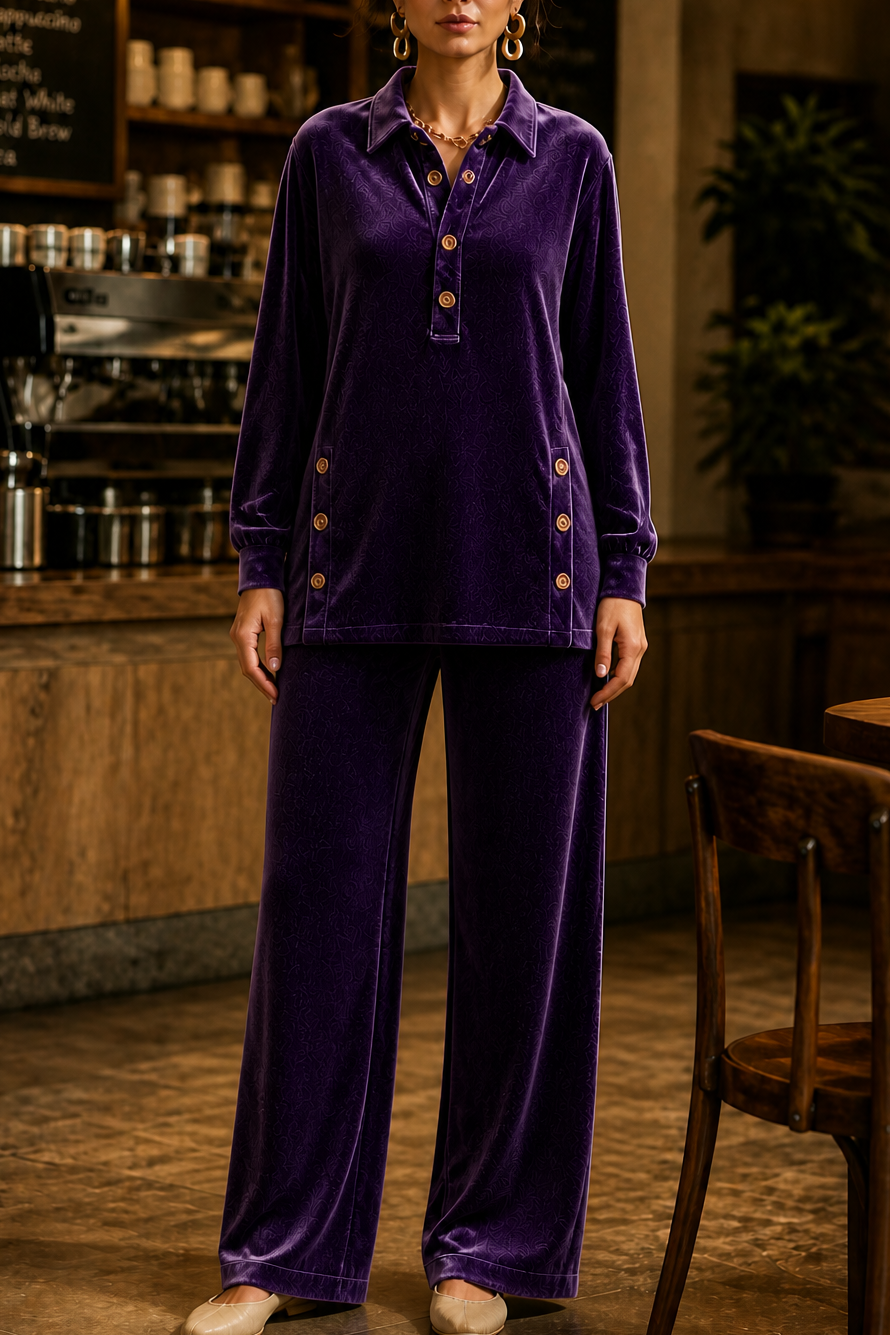Women's Textured Button-Up Shirt & Wide-Leg Trouser Set