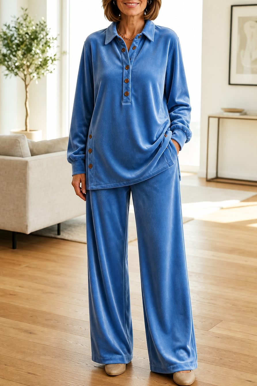 Women's Textured Button-Up Shirt & Wide-Leg Trouser Set