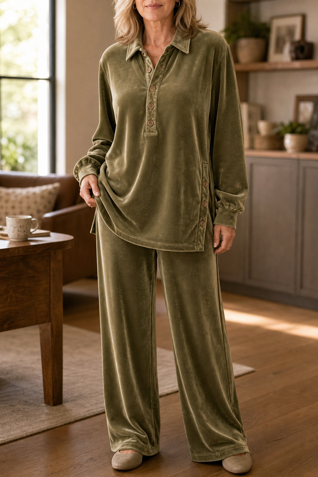 Women's Textured Button-Up Shirt & Wide-Leg Trouser Set