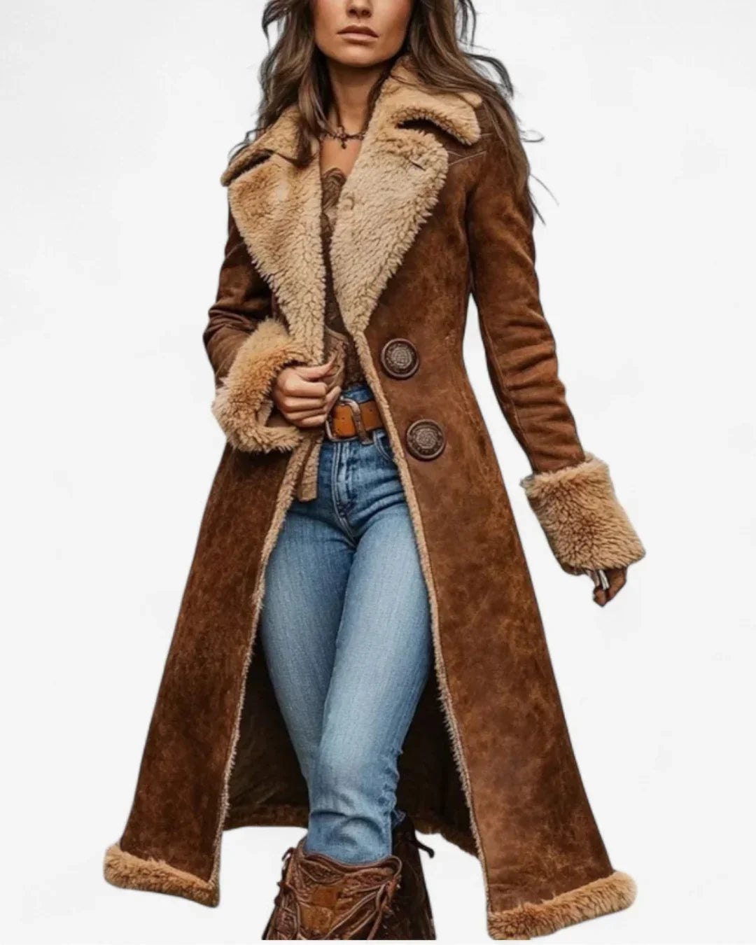 Women's Long Coat with Faux Shearling Collar and Cuffs in Brown