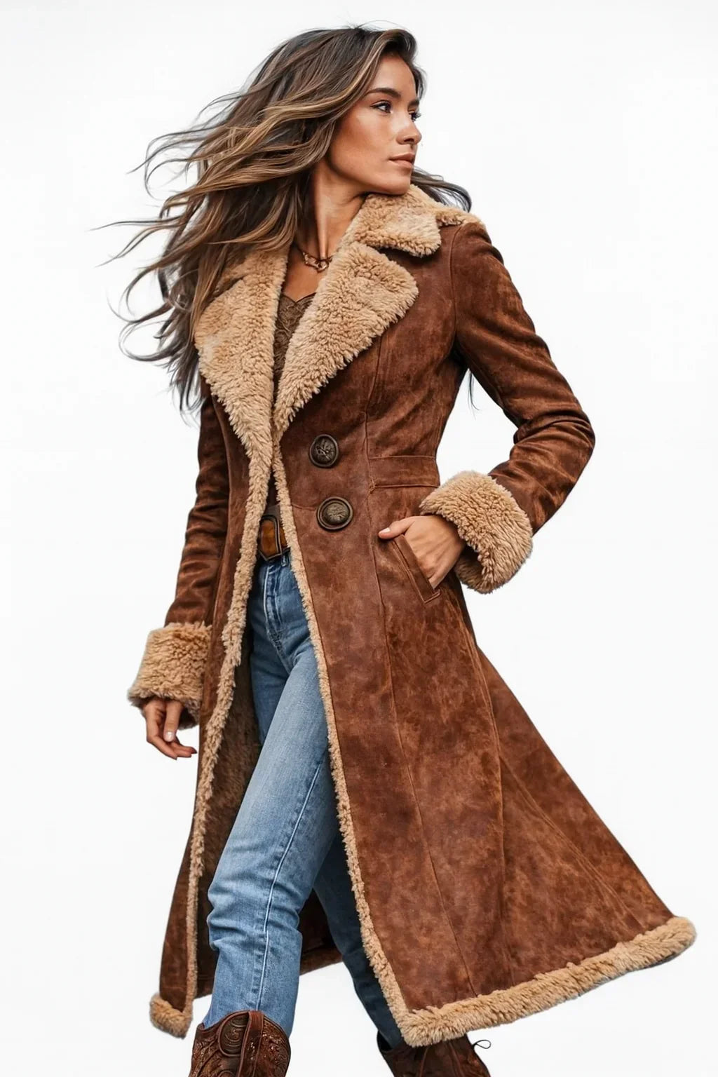 Women's Long Coat with Faux Shearling Collar and Cuffs in Brown