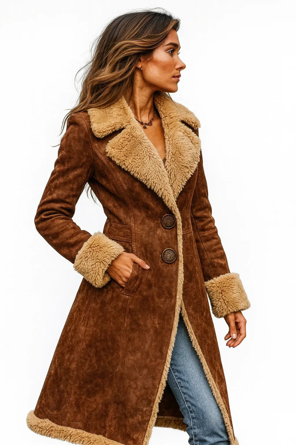Women's Long Coat with Faux Shearling Collar and Cuffs in Brown