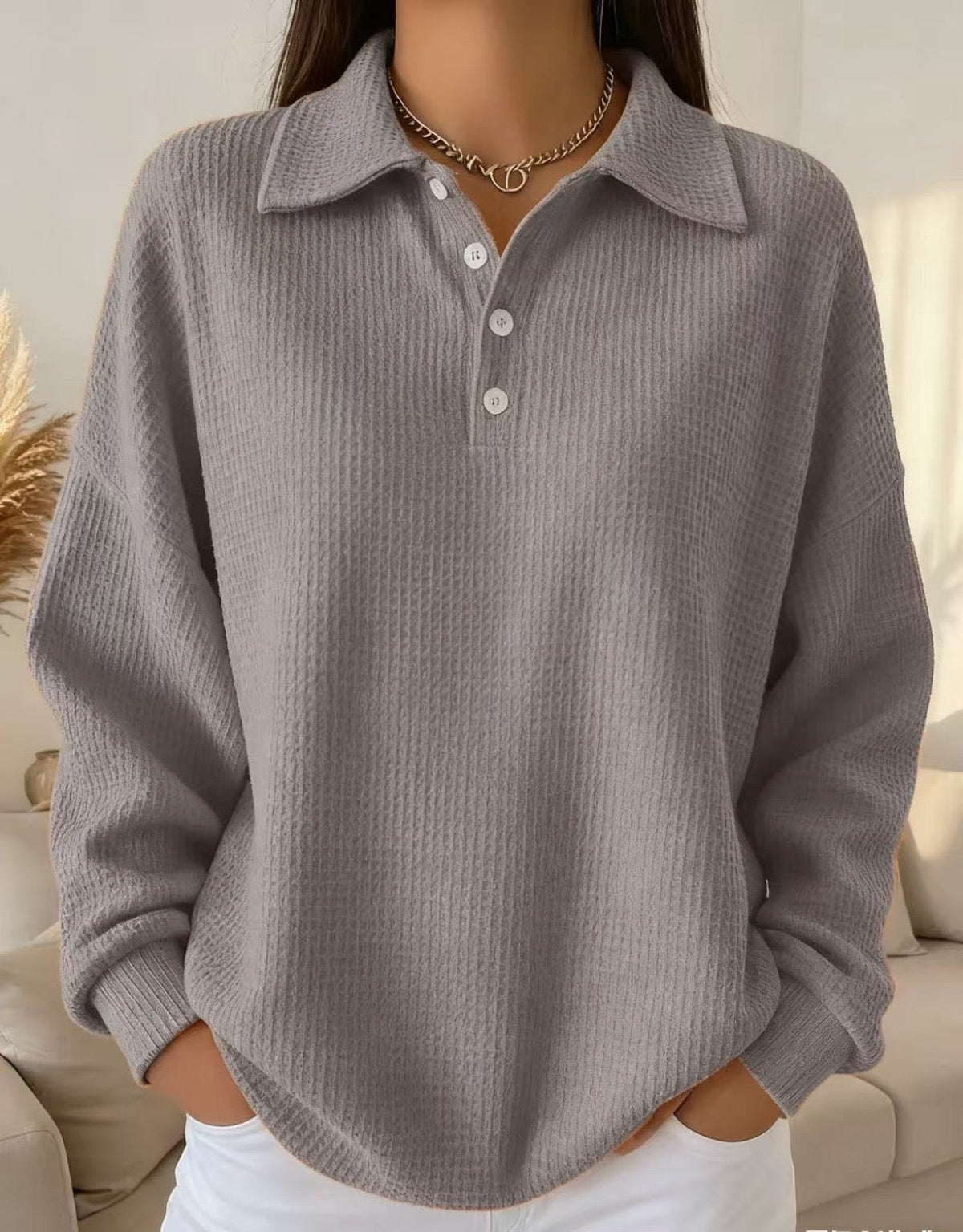 Women's Waffle Knit Polo Collar Jumper