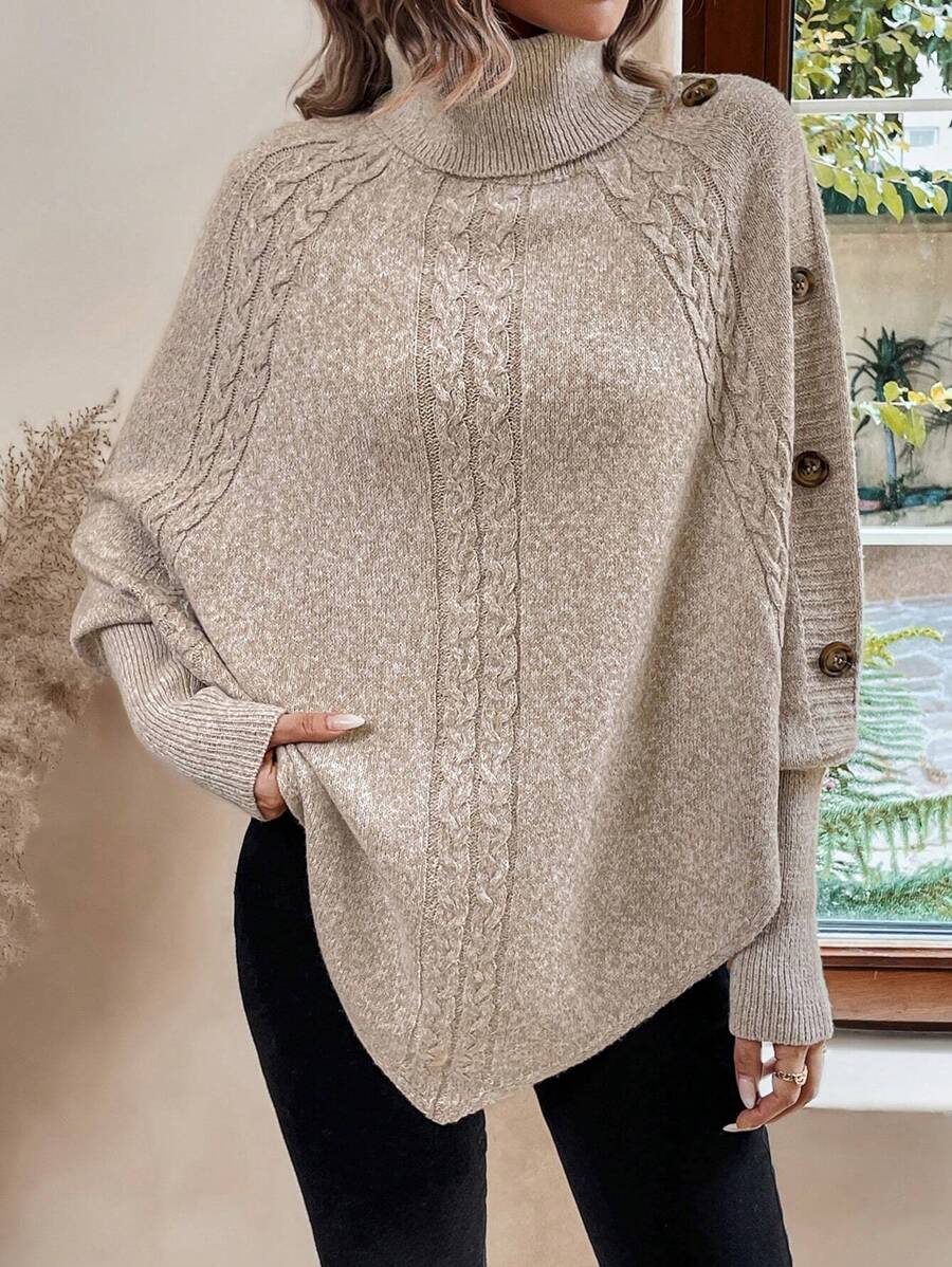 Women's Roll Neck Cable Knit Poncho Jumper