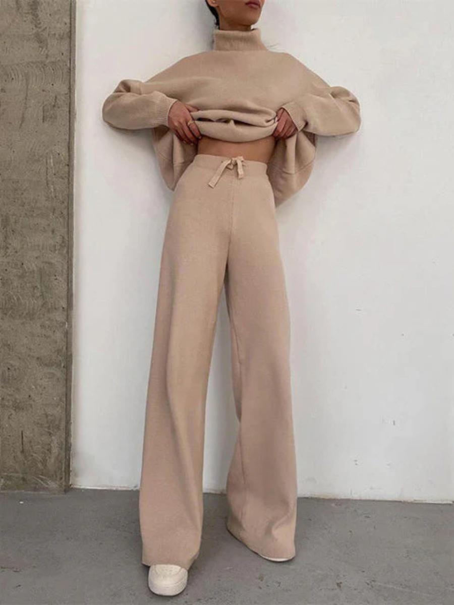 Women's Knitted Roll Neck Jumper & Wide-Leg Trouser Set