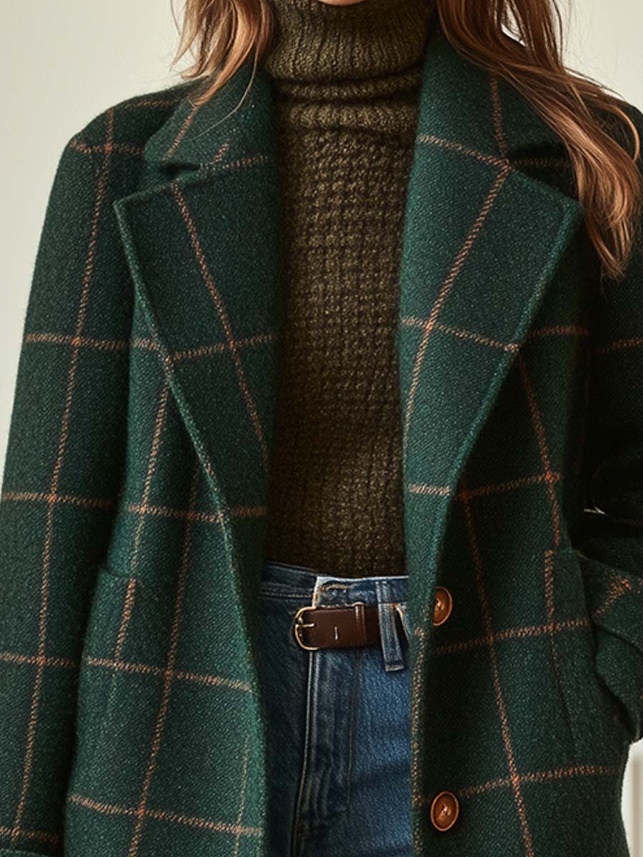 Women's Tweed Check Longline Coat with Lapel Collar