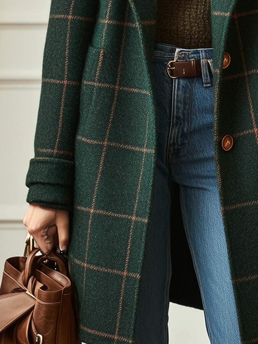 Women's Tweed Check Longline Coat with Lapel Collar