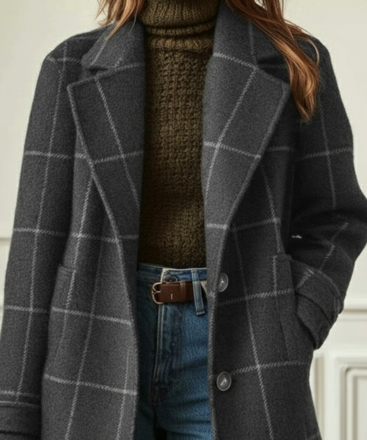 Women's Tweed Check Longline Coat with Lapel Collar