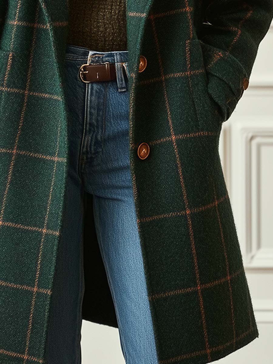 Women's Tweed Check Longline Coat with Lapel Collar