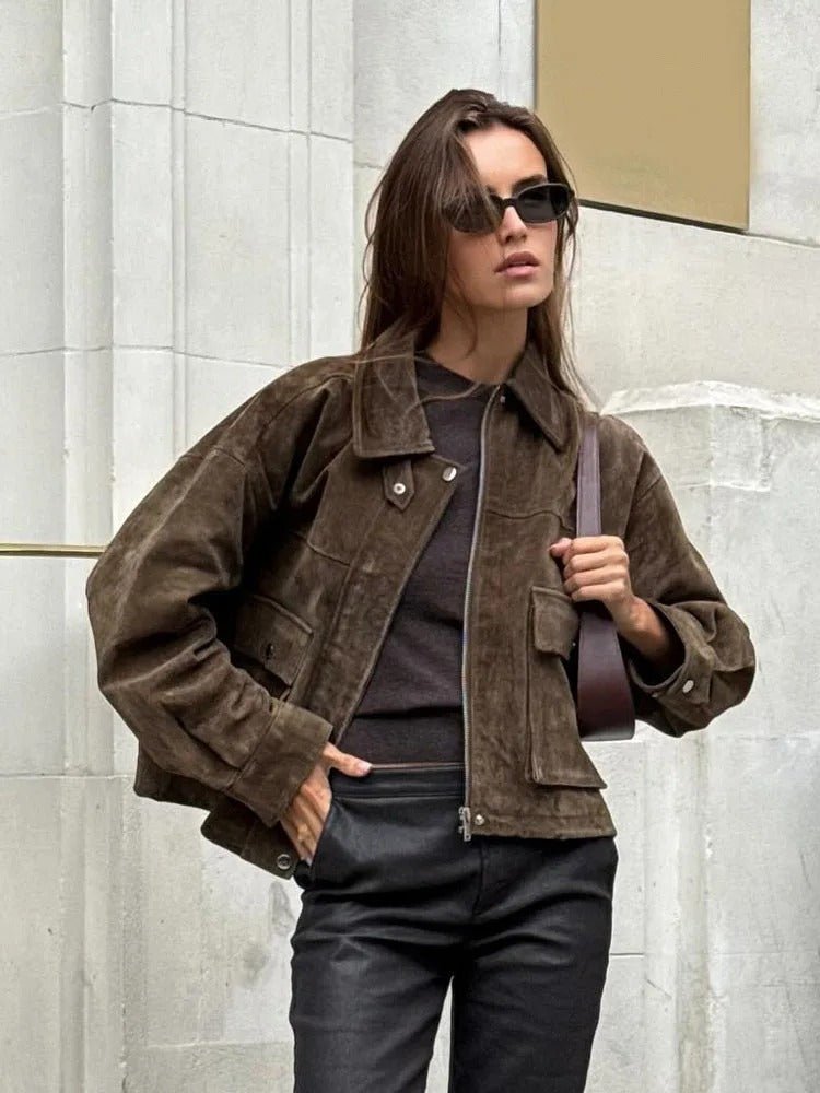 Women's Oversized Faux Suede Utility Jacket in Brown