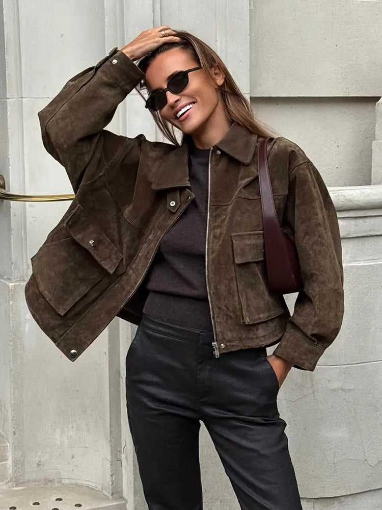 Women's Oversized Faux Suede Utility Jacket in Brown