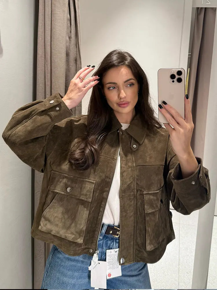 Women's Oversized Faux Suede Utility Jacket in Brown
