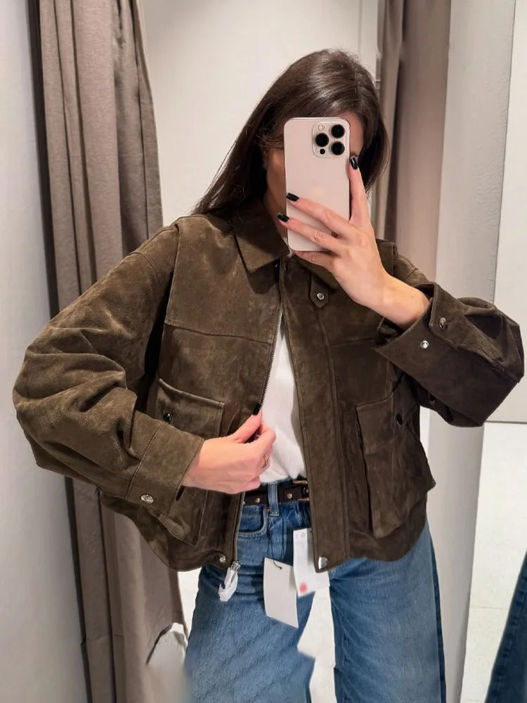 Women's Oversized Faux Suede Utility Jacket in Brown