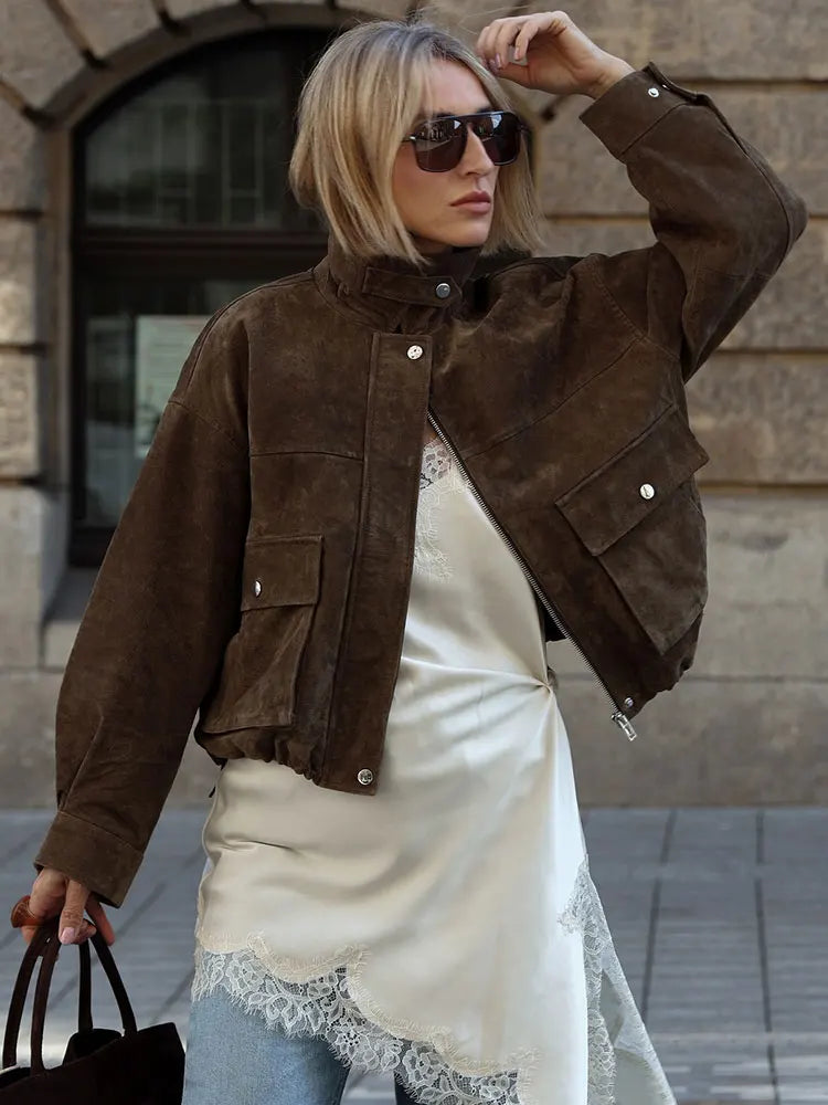 Women's Oversized Faux Suede Utility Jacket in Brown