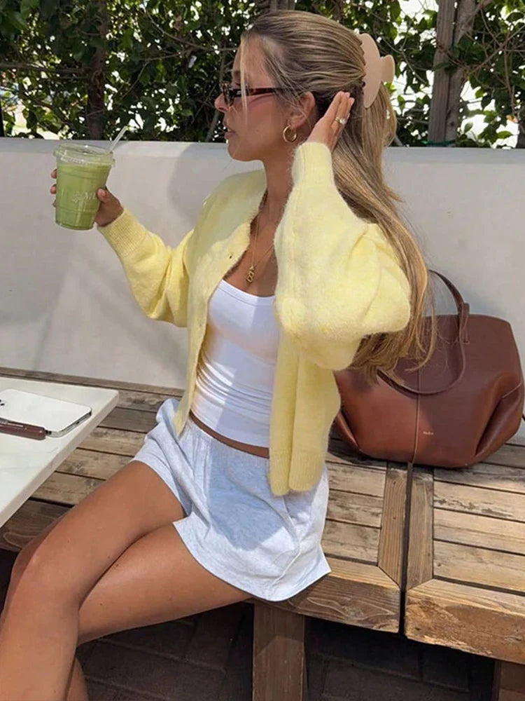 Women's Fluffy V-Neck Button Cardigan in Yellow