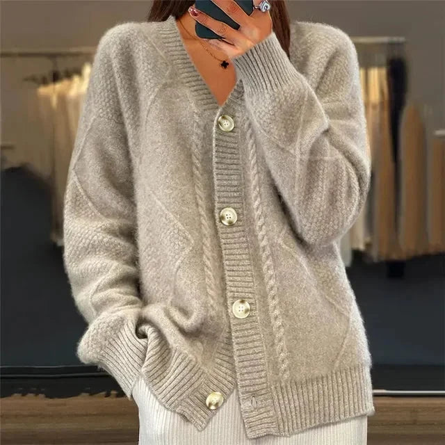 Women's V-Neck Diamond Knit Button Cardigan