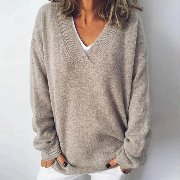 Women's Oversized V-Neck Knit Jumper in Beige