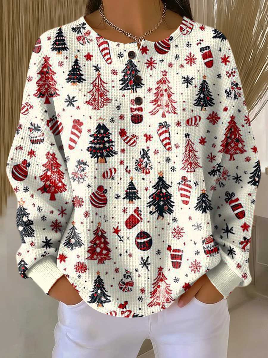 Women's Christmas Jumper Tree Print Waffle Knit