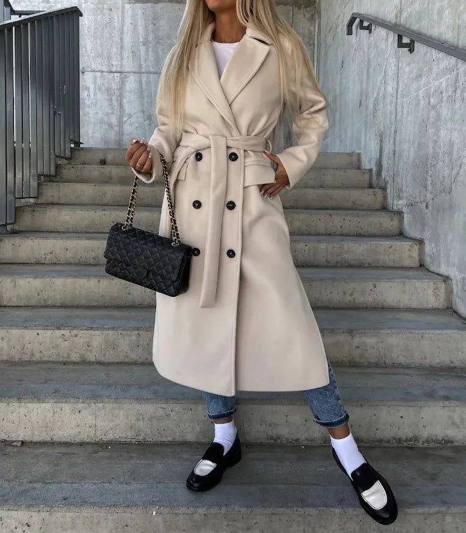 Women's Long Belted Double-Breasted Wool-Look Coat