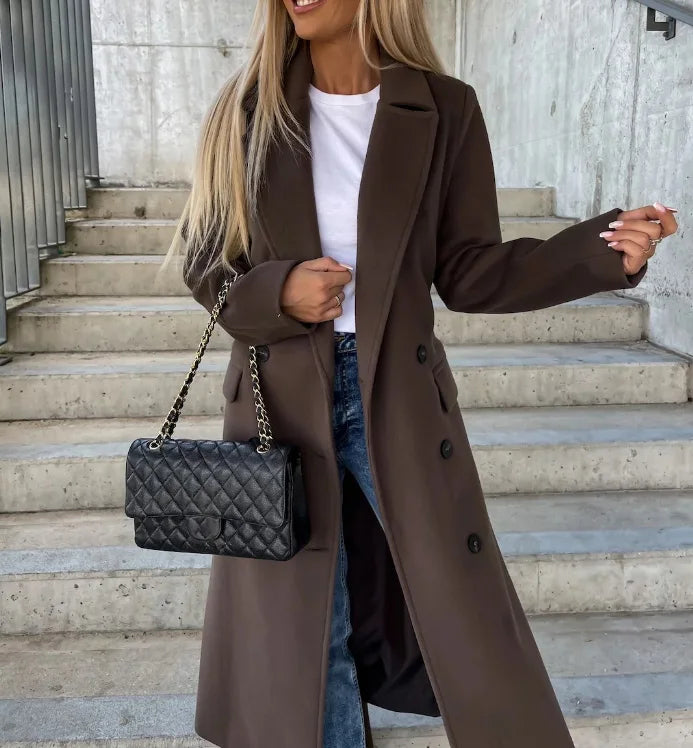 Women's Long Belted Double-Breasted Wool-Look Coat