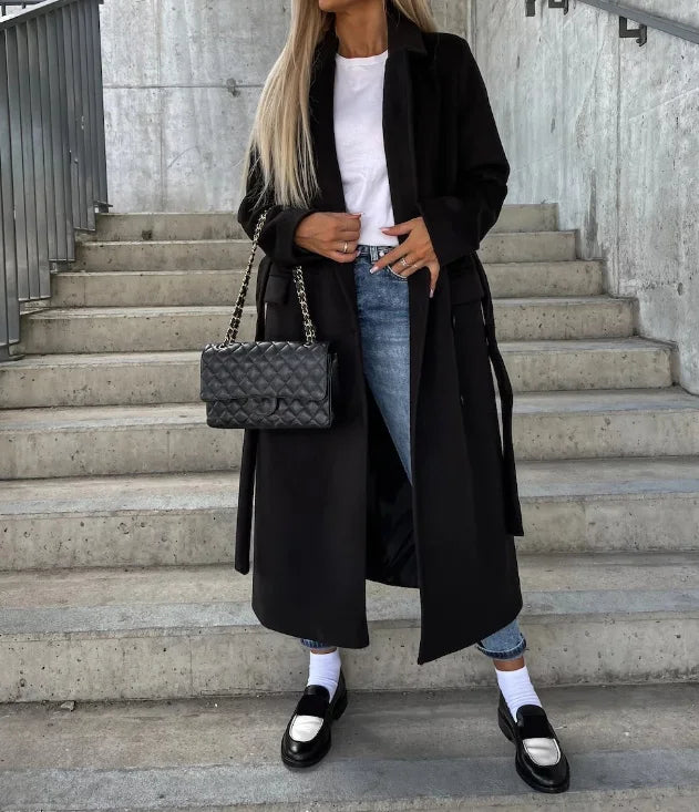 Women's Long Belted Double-Breasted Wool-Look Coat