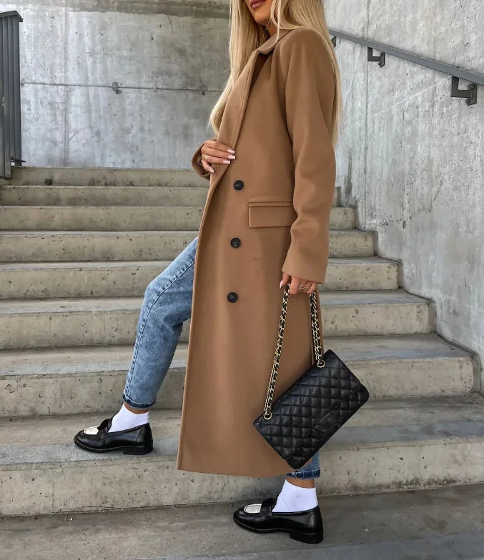 Women's Long Belted Double-Breasted Wool-Look Coat